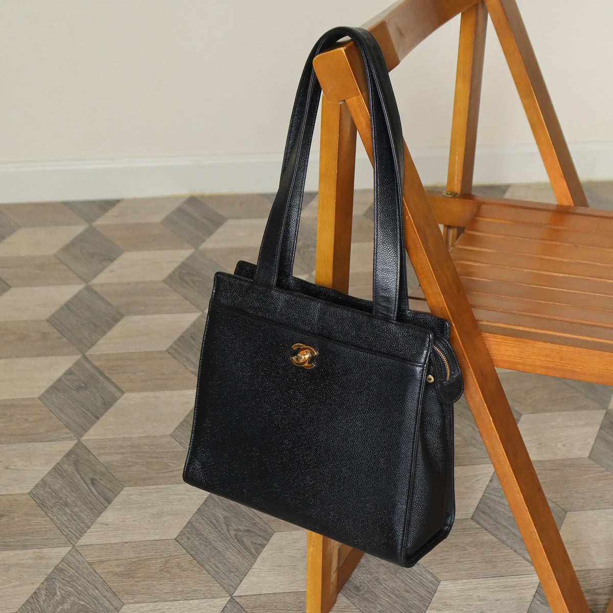 Chanel Vintage Black Caviar Leather CC turn lock Timeless Shoulder Tote Bag