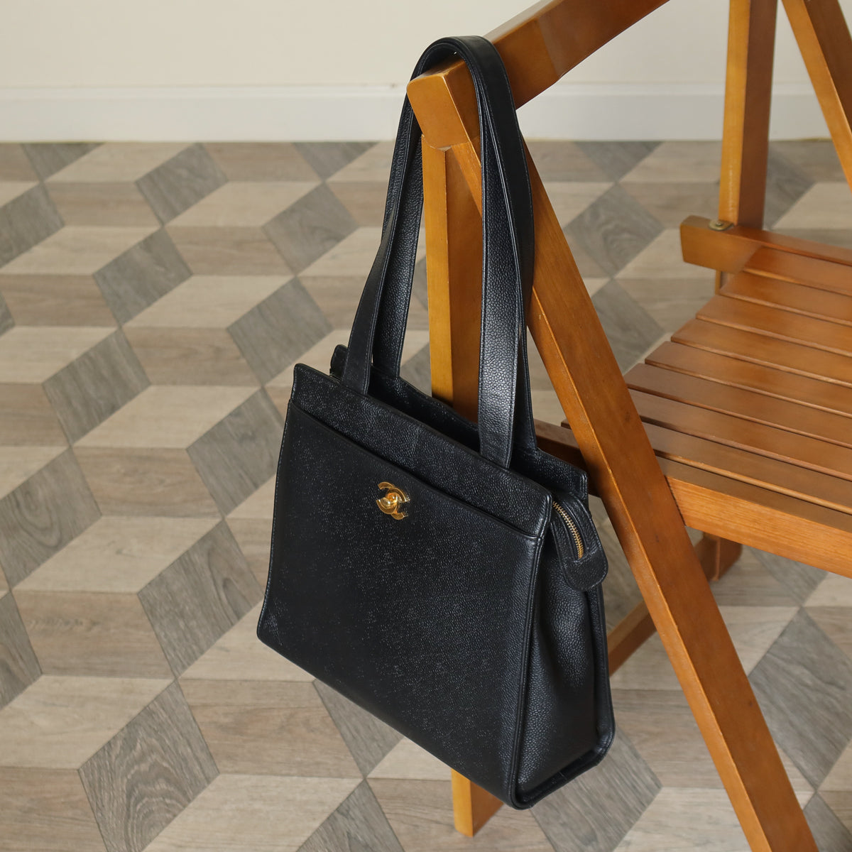 Chanel Vintage Black Caviar Leather CC turn lock Timeless Shoulder Tote Bag