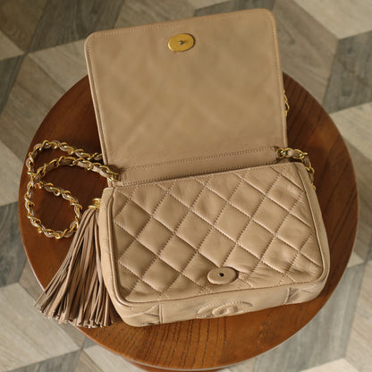 Chanel Vintage Matelasse Quilted Beige Lambskin Coco Fringe Flap Bag