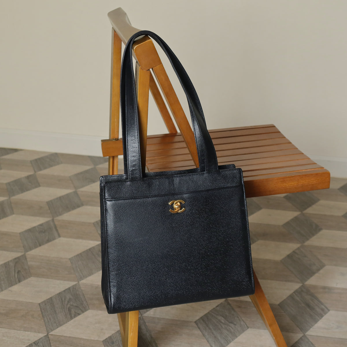 Chanel Vintage Black Caviar Leather CC turn lock Timeless Shoulder Tote Bag