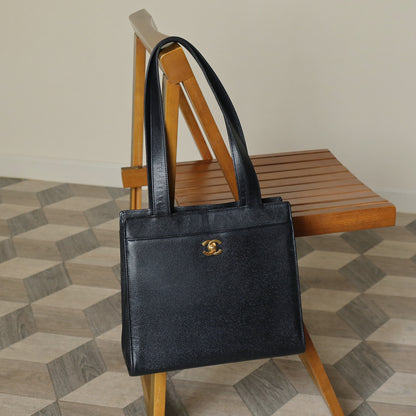 Chanel Vintage Black Caviar Leather CC turn lock Timeless Shoulder Tote Bag