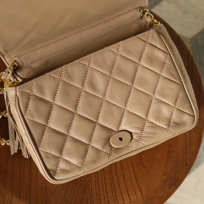 Chanel Vintage Matelasse Quilted Beige Lambskin Coco Fringe Flap Bag