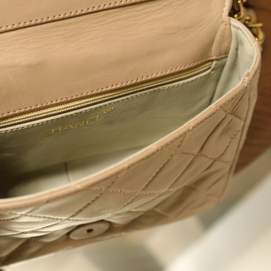 Chanel Vintage Matelasse Quilted Beige Lambskin Coco Fringe Flap Bag