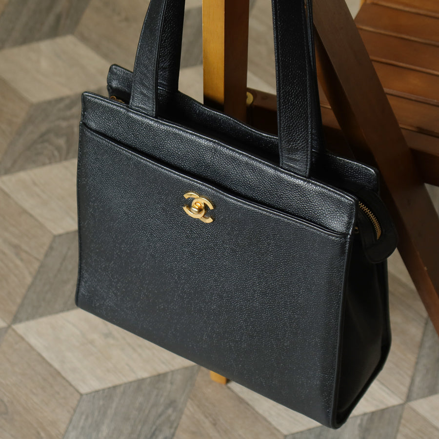 Chanel Vintage Black Caviar Leather CC turn lock Timeless Shoulder Tote Bag