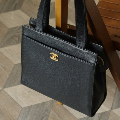 Chanel Vintage Black Caviar Leather CC turn lock Timeless Shoulder Tote Bag