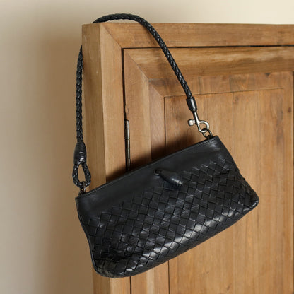 Bottega Veneta Vintage Black Intrecciato Weave Mini Pochette Clutch Shoulder Bag