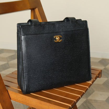 Chanel Vintage Black Caviar Leather CC turn lock Timeless Shoulder Tote Bag
