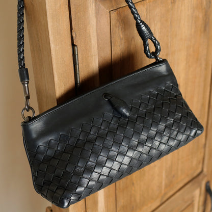 Bottega Veneta Vintage Black Intrecciato Weave Mini Pochette Clutch Shoulder Bag