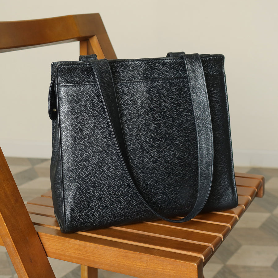Chanel Vintage Black Caviar Leather CC turn lock Timeless Shoulder Tote Bag