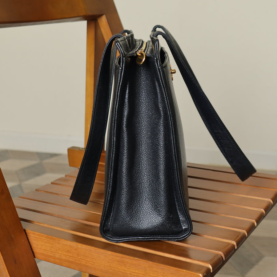 Chanel Vintage Black Caviar Leather CC turn lock Timeless Shoulder Tote Bag