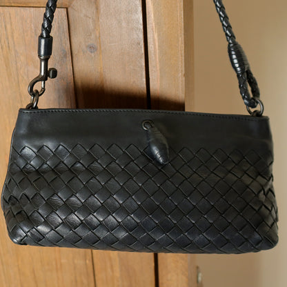 Bottega Veneta Vintage Black Intrecciato Weave Mini Pochette Clutch Shoulder Bag