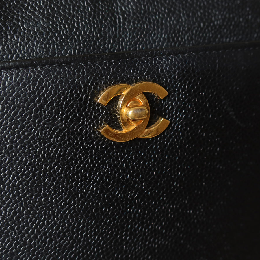 Chanel Vintage Black Caviar Leather CC turn lock Timeless Shoulder Tote Bag