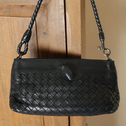 Bottega Veneta Vintage Black Intrecciato Weave Mini Pochette Clutch Shoulder Bag
