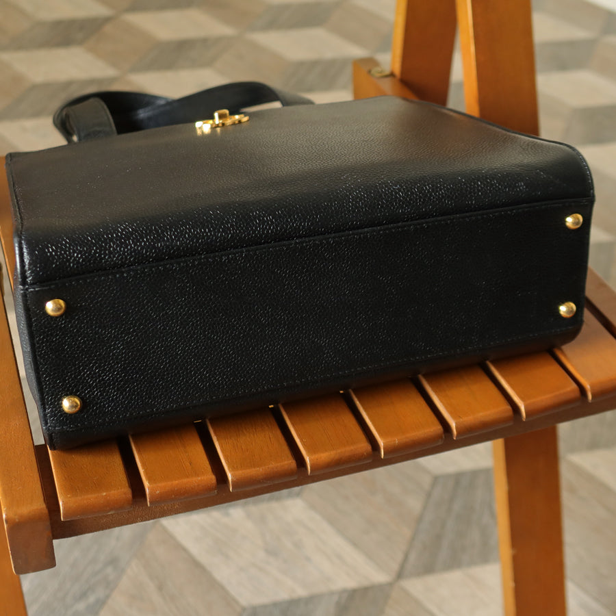 Chanel Vintage Black Caviar Leather CC turn lock Timeless Shoulder Tote Bag