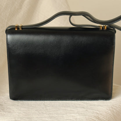 Hermès Vintage 70s Black Box Calf Leather 2 way Shoulder Clutch Bag
