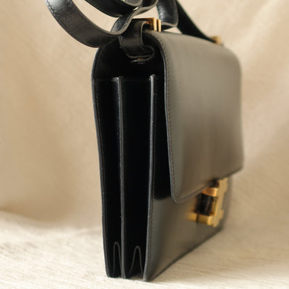 Hermès Vintage 70s Black Box Calf Leather 2 way Shoulder Clutch Bag