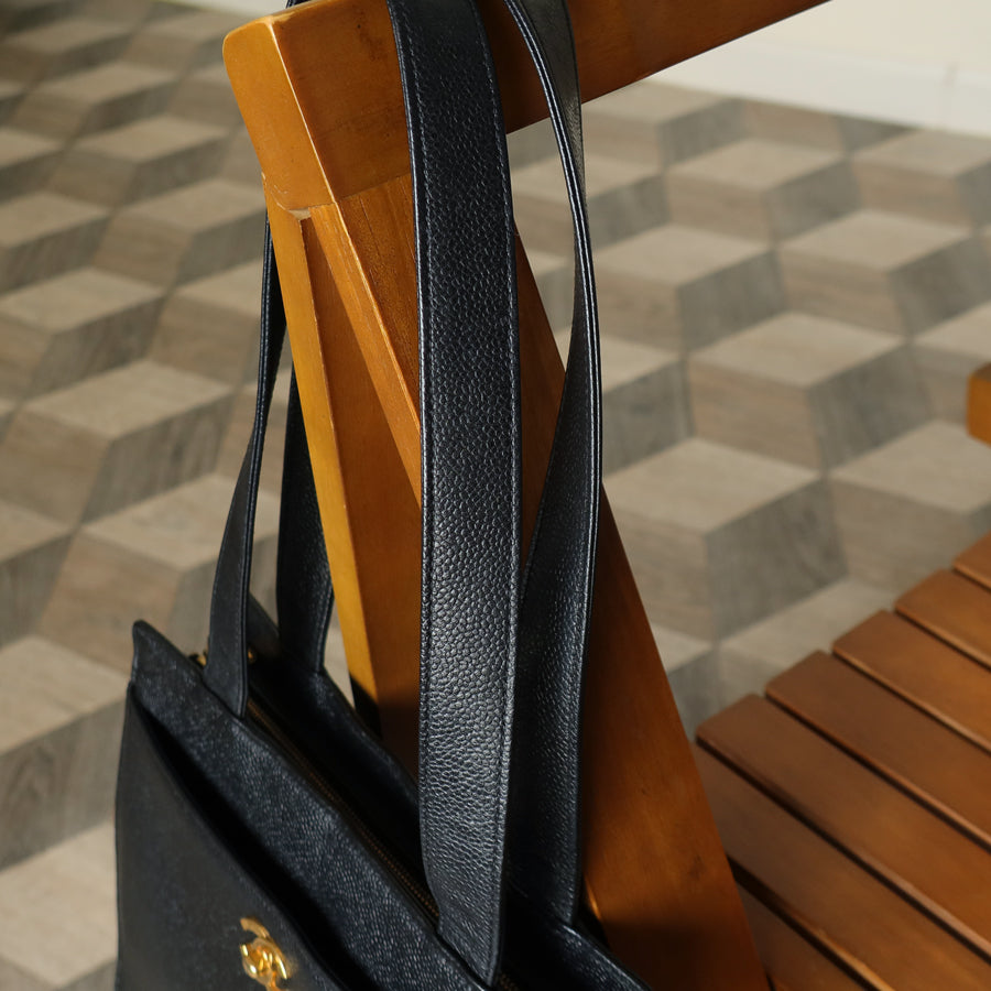 Chanel Vintage Black Caviar Leather CC turn lock Timeless Shoulder Tote Bag
