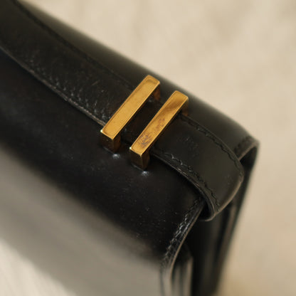 Hermès Vintage 70s Black Box Calf Leather 2 way Shoulder Clutch Bag