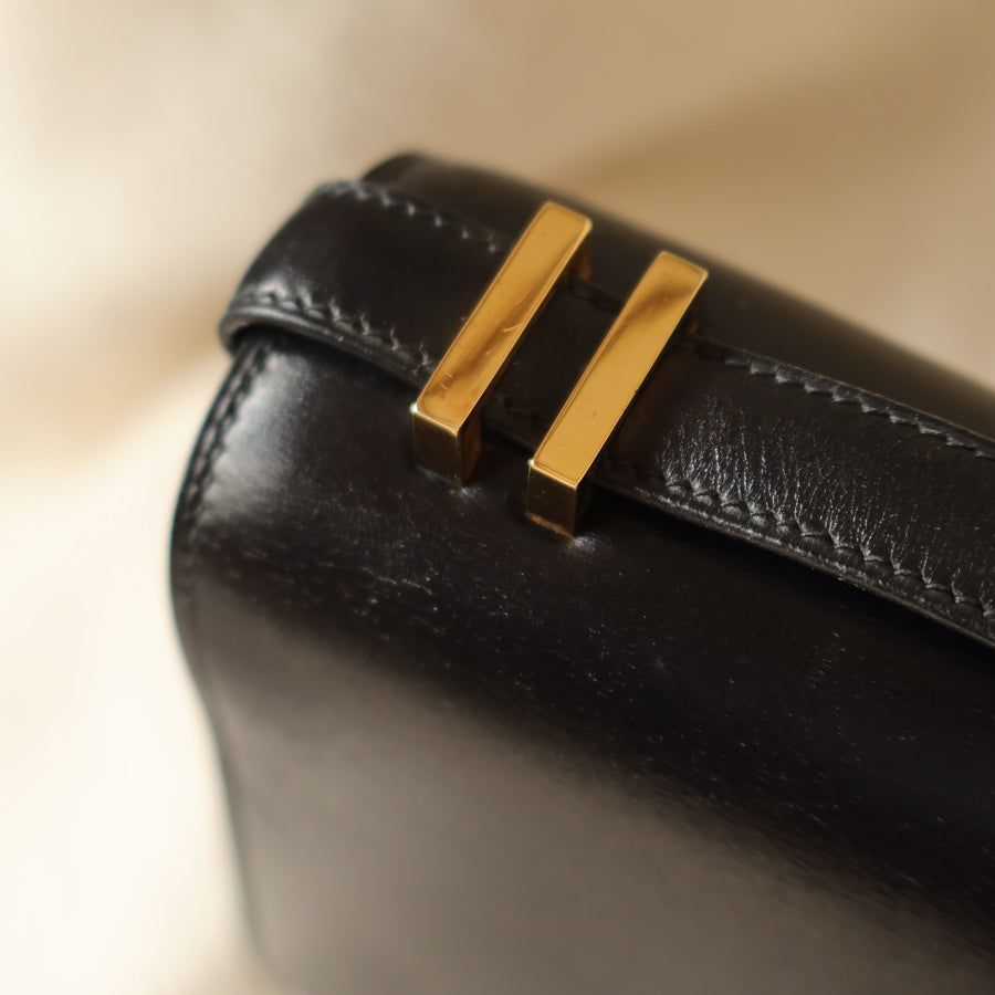 Hermès Vintage 70s Black Box Calf Leather 2 way Shoulder Clutch Bag