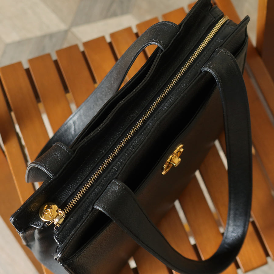 Chanel Vintage Black Caviar Leather CC turn lock Timeless Shoulder Tote Bag