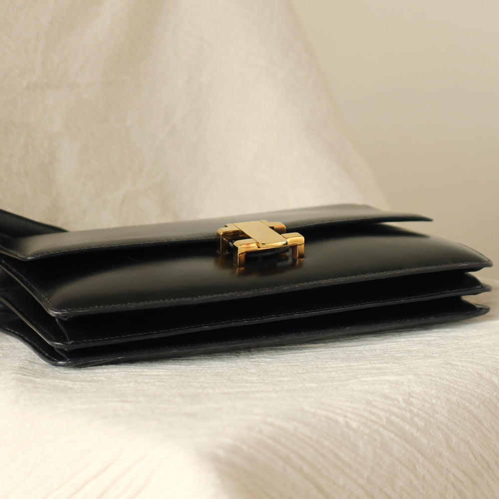 Hermès Vintage 70s Black Box Calf Leather 2 way Shoulder Clutch Bag