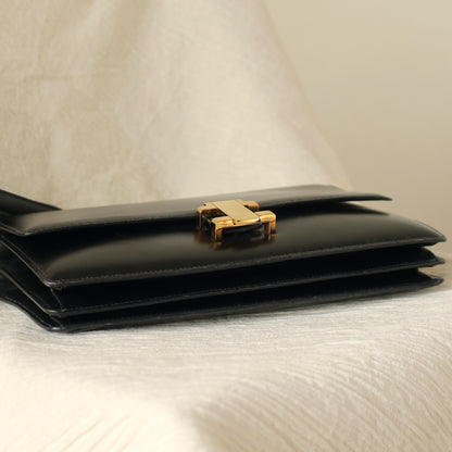 Hermès Vintage 70s Black Box Calf Leather 2 way Shoulder Clutch Bag