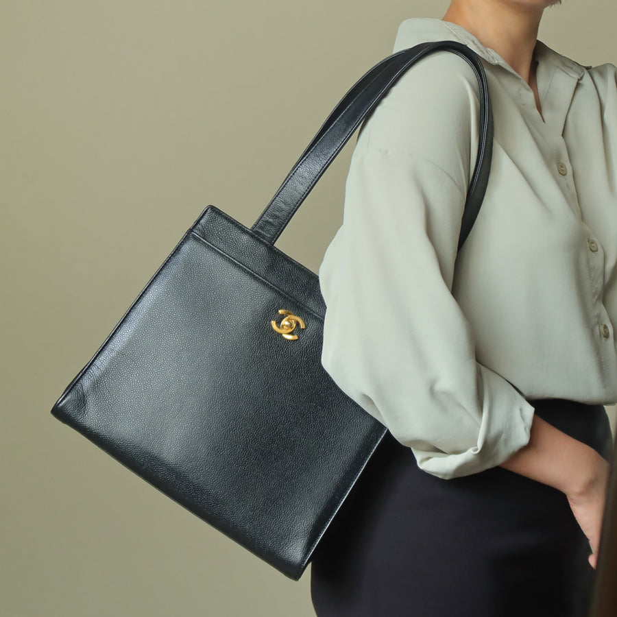 Chanel Vintage Black Caviar Leather CC turn lock Timeless Shoulder Tote Bag