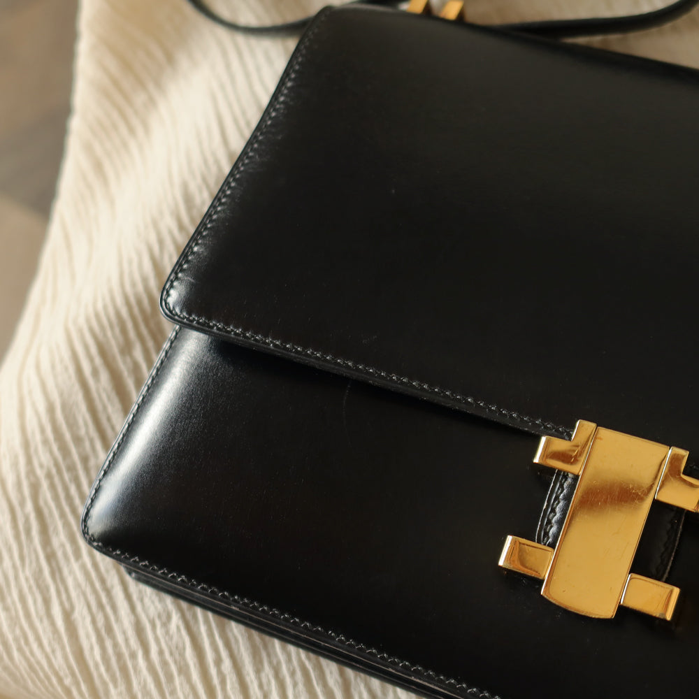 Hermès Vintage 70s Black Box Calf Leather 2 way Shoulder Clutch Bag