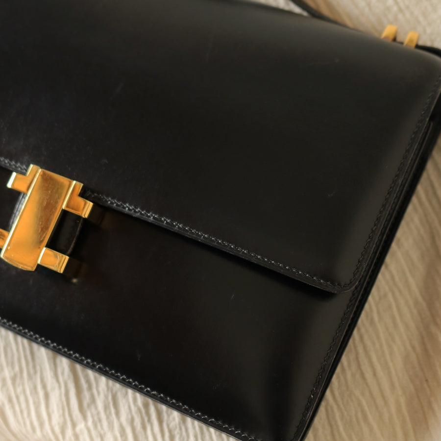 Hermès Vintage 70s Black Box Calf Leather 2 way Shoulder Clutch Bag