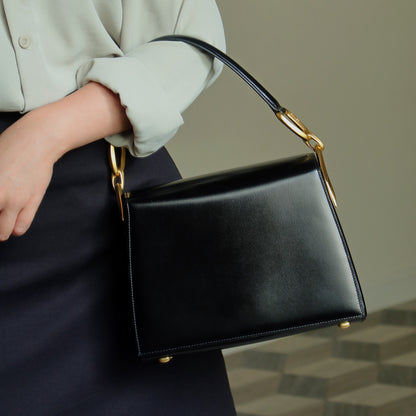 Celine Vintage Classic Black Box Calf Leather Gold Bow Shoulder Flap Bag