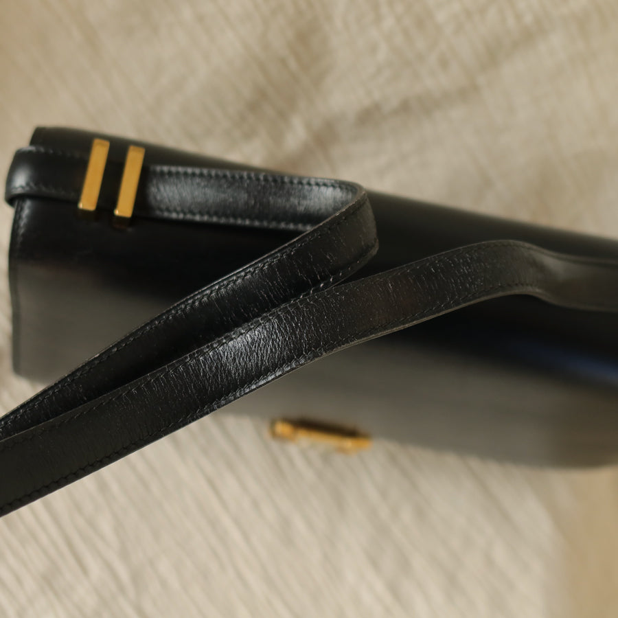 Hermès Vintage 70s Black Box Calf Leather 2 way Shoulder Clutch Bag
