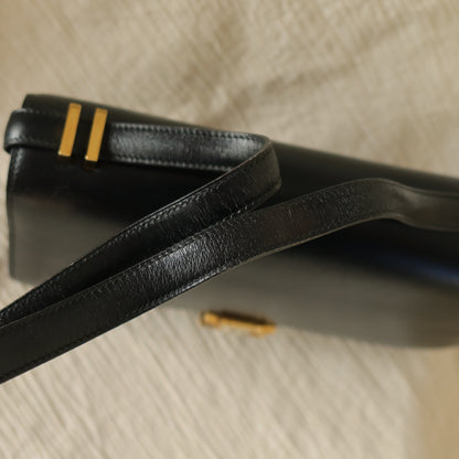 Hermès Vintage 70s Black Box Calf Leather 2 way Shoulder Clutch Bag