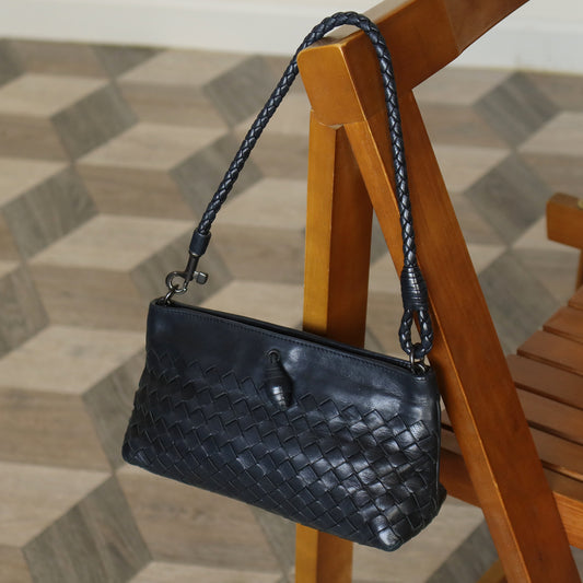 Bottega Veneta Vintage Black Intrecciato Weave Mini Pochette Clutch Shoulder Bag