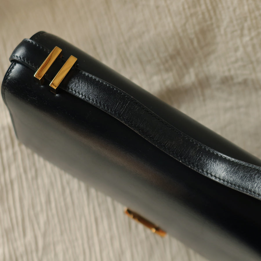 Hermès Vintage 70s Black Box Calf Leather 2 way Shoulder Clutch Bag