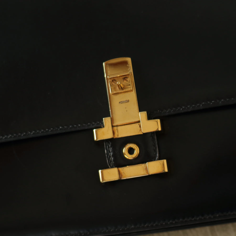 Hermès Vintage 70s Black Box Calf Leather 2 way Shoulder Clutch Bag