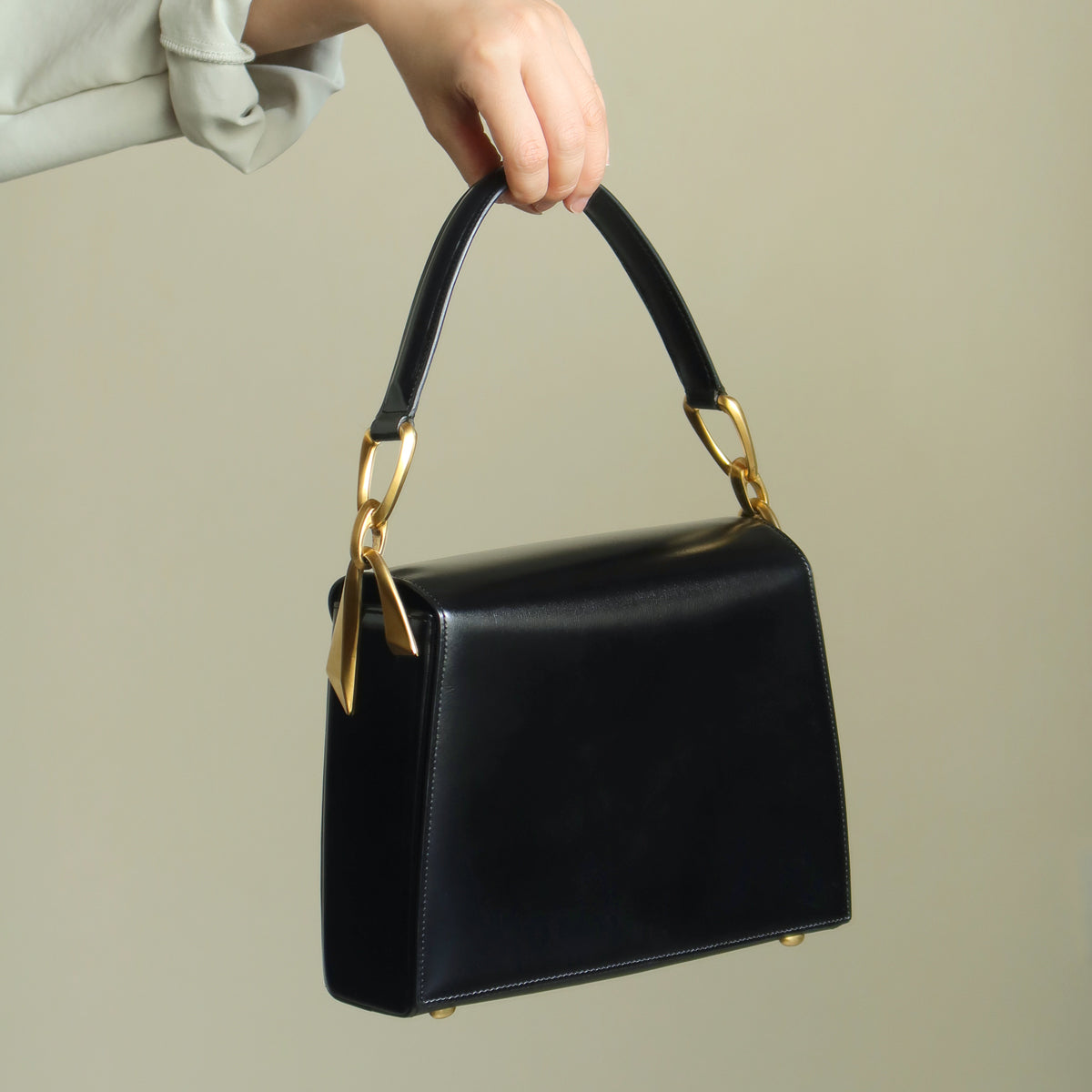 Celine Vintage Classic Black Box Calf Leather Gold Bow Shoulder Flap Bag