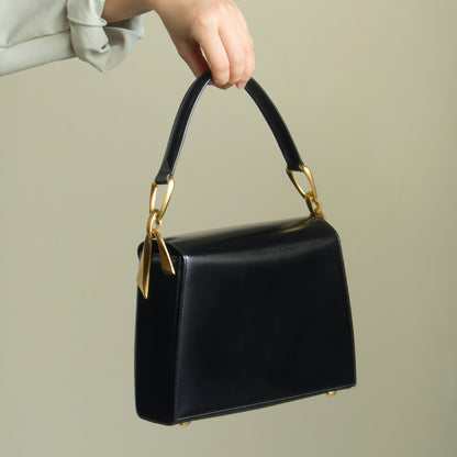 Celine Vintage Classic Black Box Calf Leather Gold Bow Shoulder Flap Bag