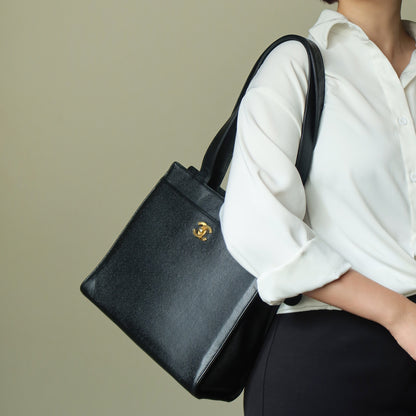 Chanel Vintage Black Caviar Leather CC turn lock Timeless Shoulder Tote Bag