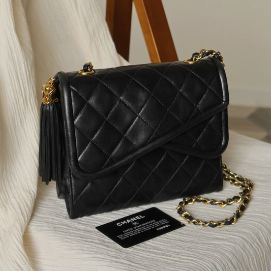 Chanel Vintage Black Lambskin Tassel Asymmetrical Double Flap Bag