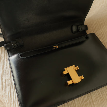 Hermès Vintage 70s Black Box Calf Leather 2 way Shoulder Clutch Bag