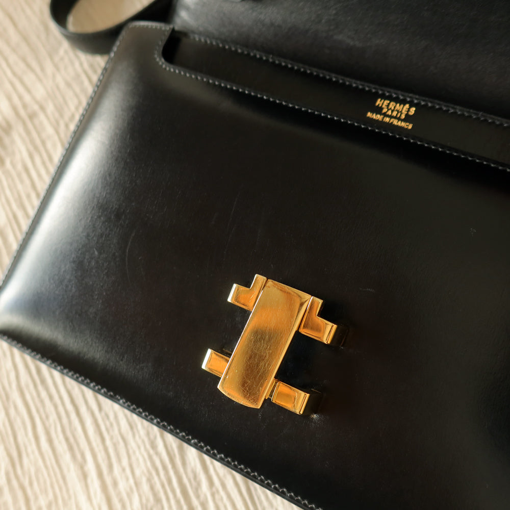 Hermès Vintage 70s Black Box Calf Leather 2 way Shoulder Clutch Bag