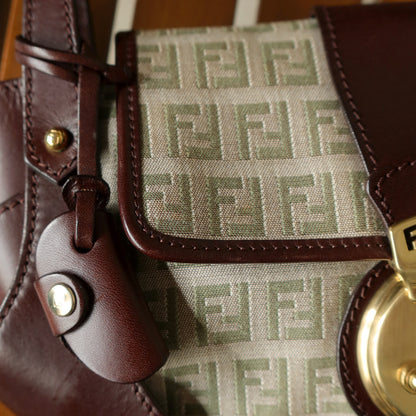 Fendi Vintage Brown Zucchino Canvas Leather Shoulder Bag