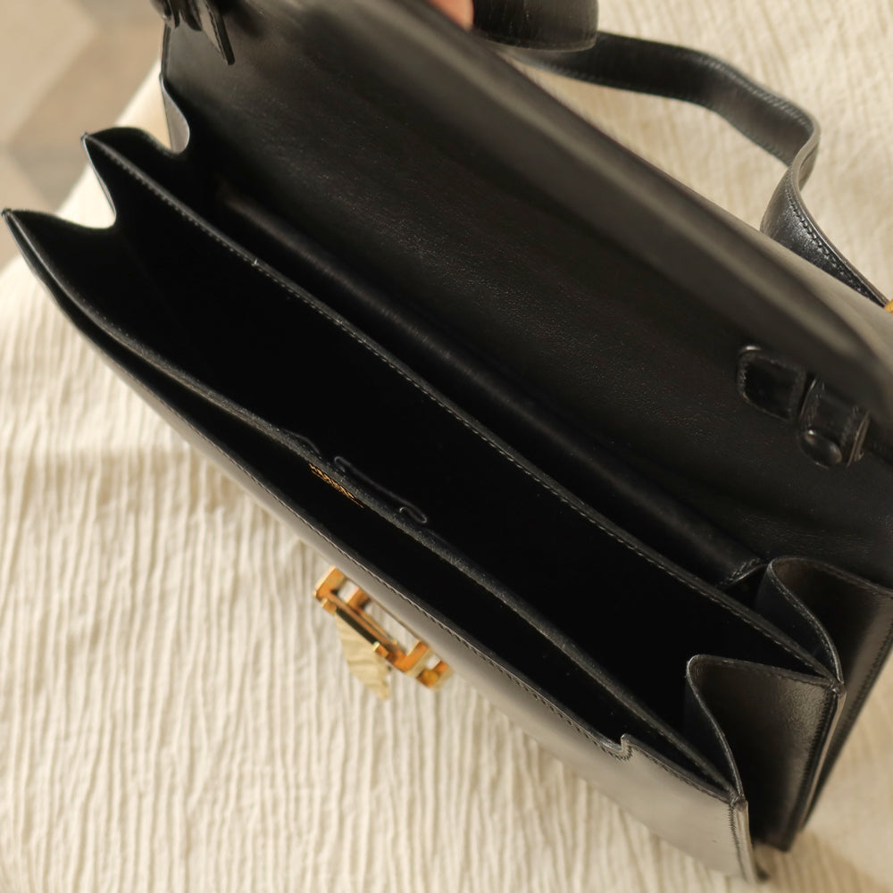 Hermès Vintage 70s Black Box Calf Leather 2 way Shoulder Clutch Bag