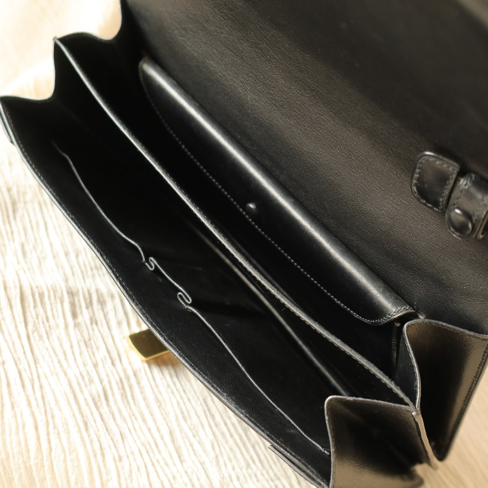 Hermès Vintage 70s Black Box Calf Leather 2 way Shoulder Clutch Bag