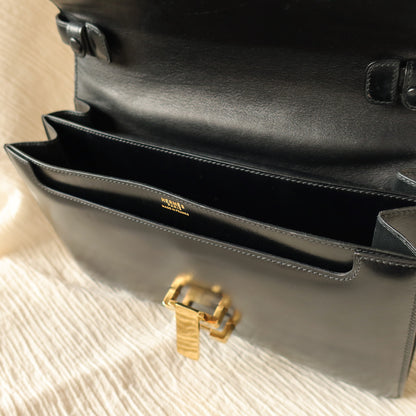Hermès Vintage 70s Black Box Calf Leather 2 way Shoulder Clutch Bag