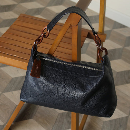 Chanel Vintage Black Caviar Leather Hobo Coco Charm Shoulder Bag M