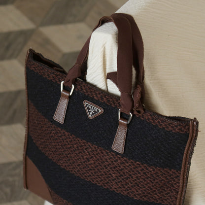 Prada Vintage Brown Black Wool Tweed x Leather Flat Tote Bag