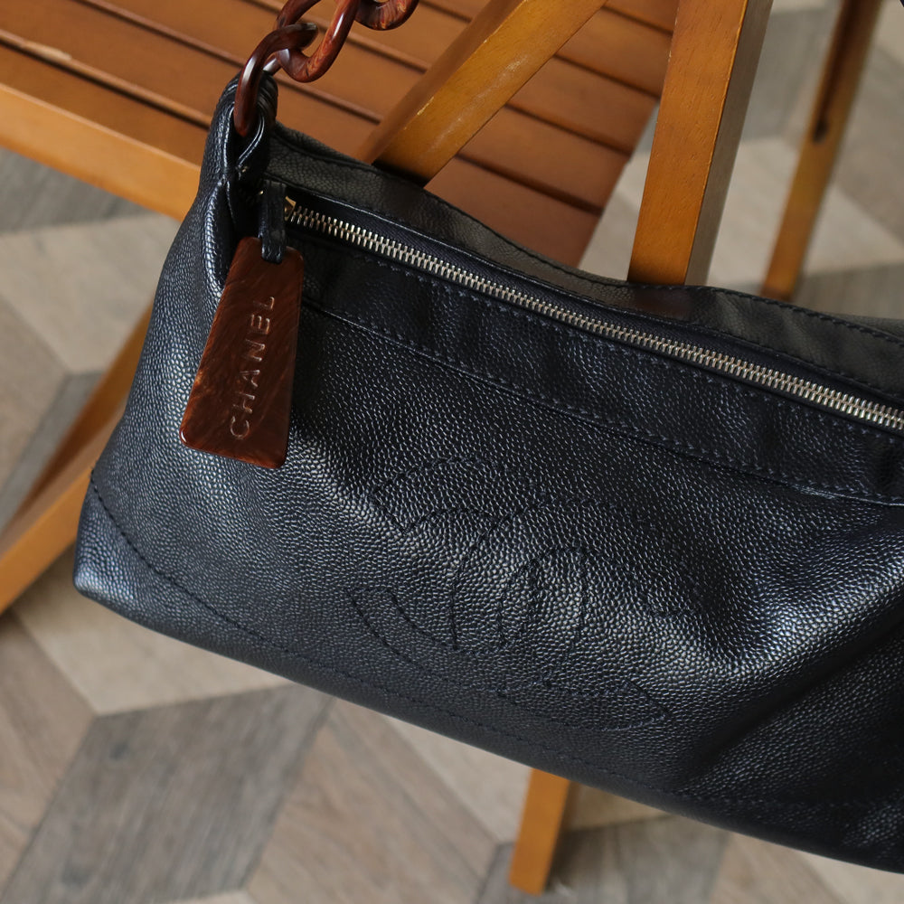 Chanel Vintage Black Caviar Leather Hobo Coco Charm Shoulder Bag M