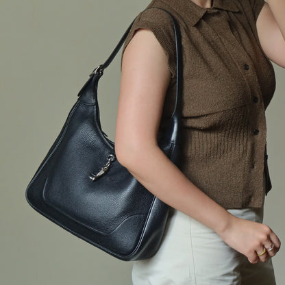 Hermès Vintage '90s Black Clemence Leather Trim II 31 Shoulder Bag