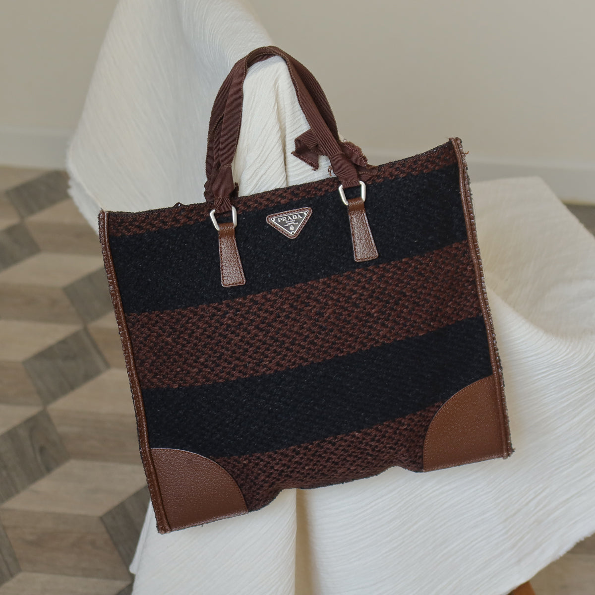 Prada Vintage Brown Black Wool Tweed x Leather Flat Tote Bag